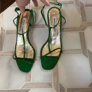 Manolo Blahnik Green Strappy Sandal with Gold Insole